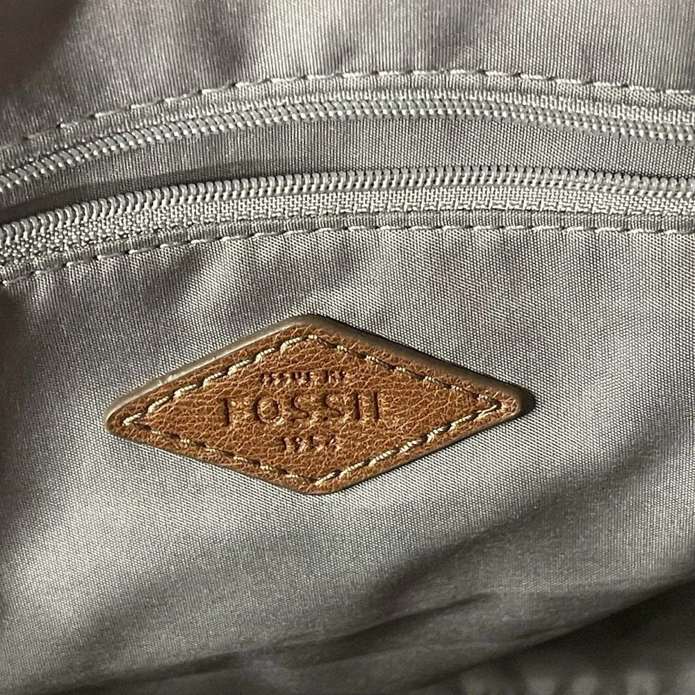 Fossil Sydney Satchel Neutral Stripe‎ Brown Leather Trim Gold Hardware Bag